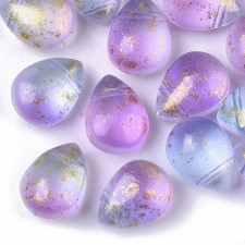 12.5x9mm Teardrop Two Tone Transparent Glass Beads, Glitter, Frosted, Purple, 20pcs