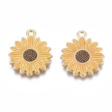 Sunflower Enamel Charm Pendant, Lead Nickle Cadmium Free - 21x18mm - 6pcs