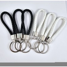 Handwoven Imitation Leather Keychain with Metal Car Key Ring – Black or White