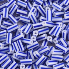 8-10mm Striped Glass Bugle Beads - Blue / White - 20grams