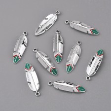 Enamel Silver Feather Charm 34mm Pendant with Green Tip Group