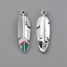 Enamel Silver Feather Charm 34mm Pendant with Green Tip