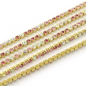 SS6 Gold Metal Chain with Multi Rose Glass Stone - 4 meter Bundle.
