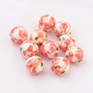 10pc Round Resin Beads with Flower Pattern Coral, 10mm Hole:2mm