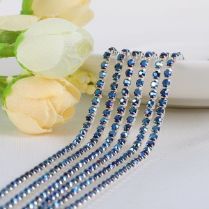 SS6 Silver Metal Chain with Steel Blue Glass Stone -1 Yd