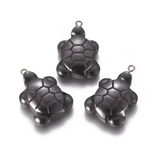 Non-magnetic Synthetic Hematite Pendants, Grade A, with Iron Findings, Turtle, Black, Platinum, 31x22x8mm, Hole: 2mm