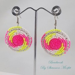 Beadwork By Shannon - Flower Drop Neon Yellow and Pink Swirl Seed Beaded Earrings on Hooks