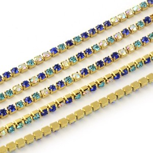 SS6 Gold Metal Chain with Multi Blue Mix Glass Stone - 1 Yd