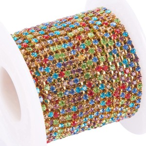 SS6 Gold Metal Chain with Multi Colour Mix Glass Stone - 1 Yd