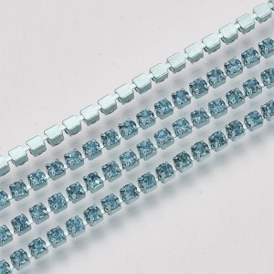 SS6 Colour Plated Metal Chain with Light Blue Glass Stone - 1 Yd