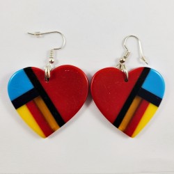 Resin Inlay Earring Pair Segmented Handmade Red Hearts