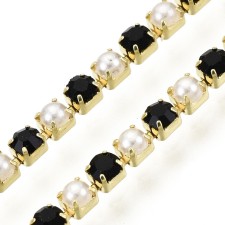 Rhinestone Metal Cup Chain SS6 - Alternating Pearl & Jet Black Glass Stone -1 Yd