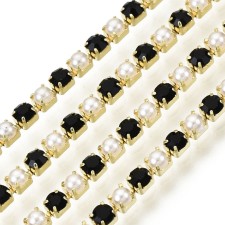 Rhinestone Metal Cup Chain SS6 - Alternating Pearl & Jet Black Glass Stone -1 Yd